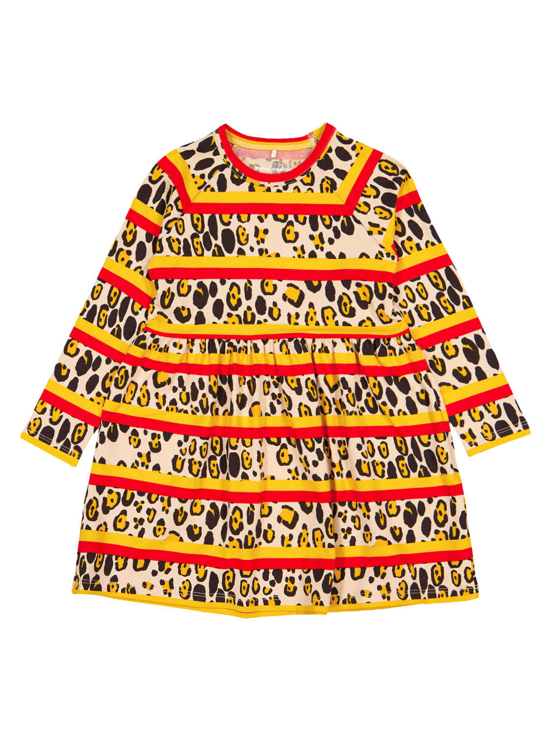 Kleid Mehrfarbig: Langärmliges Kinderkleid mit A-Linie, Leopardenmuster und breiten gelben und roten Streifen, locker fallend, ideal für modische Kindermode von bellybutton.
