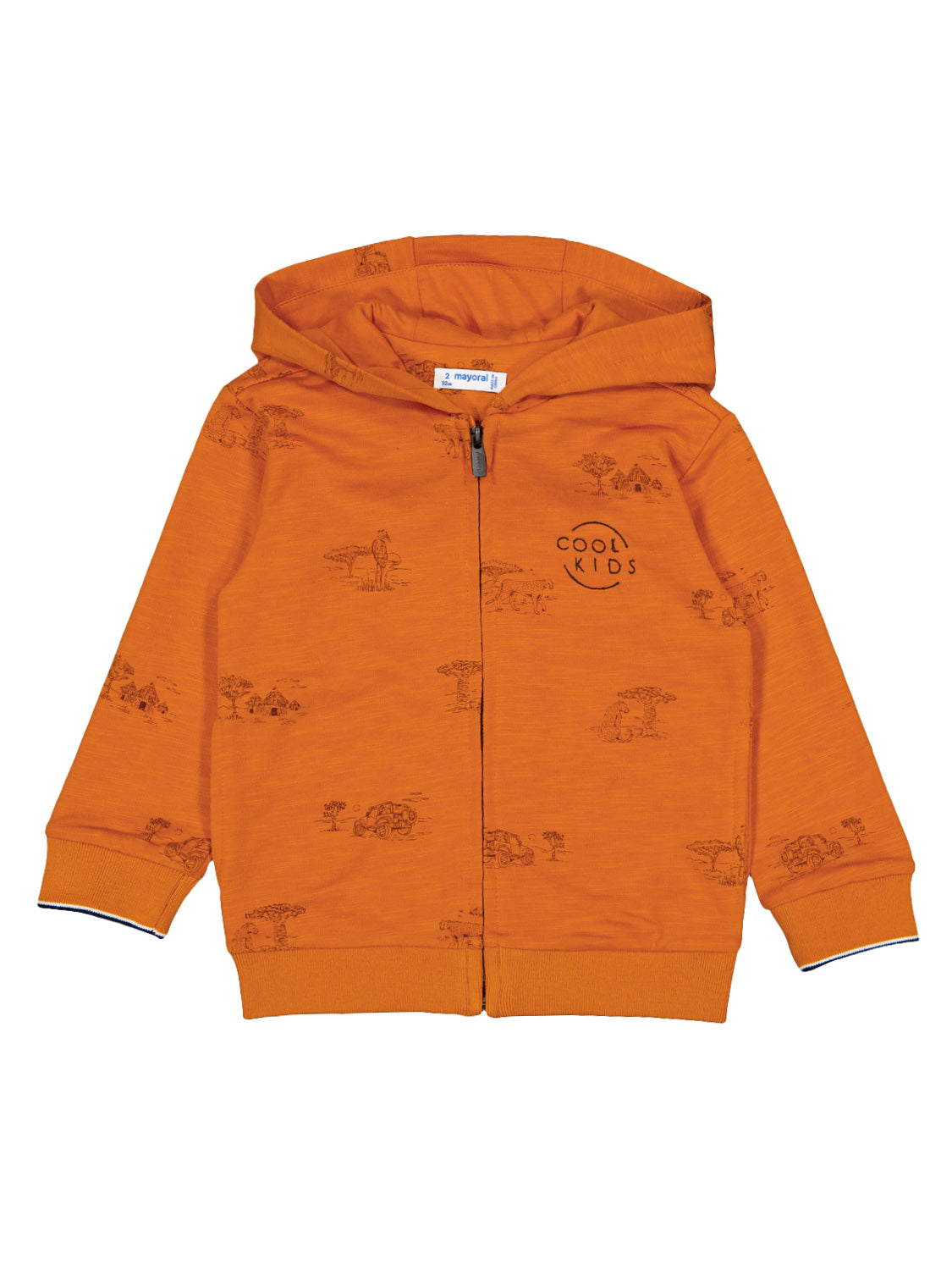 Jacke Orange: Kinder-Kapuzenjacke mit Safari-Prints, Reißverschluss und COOL KIDS-Grafik auf der Brust. Ideal für abenteuerliche Alltagsoutfits. Größe 2 / 92 cm von mayoral.