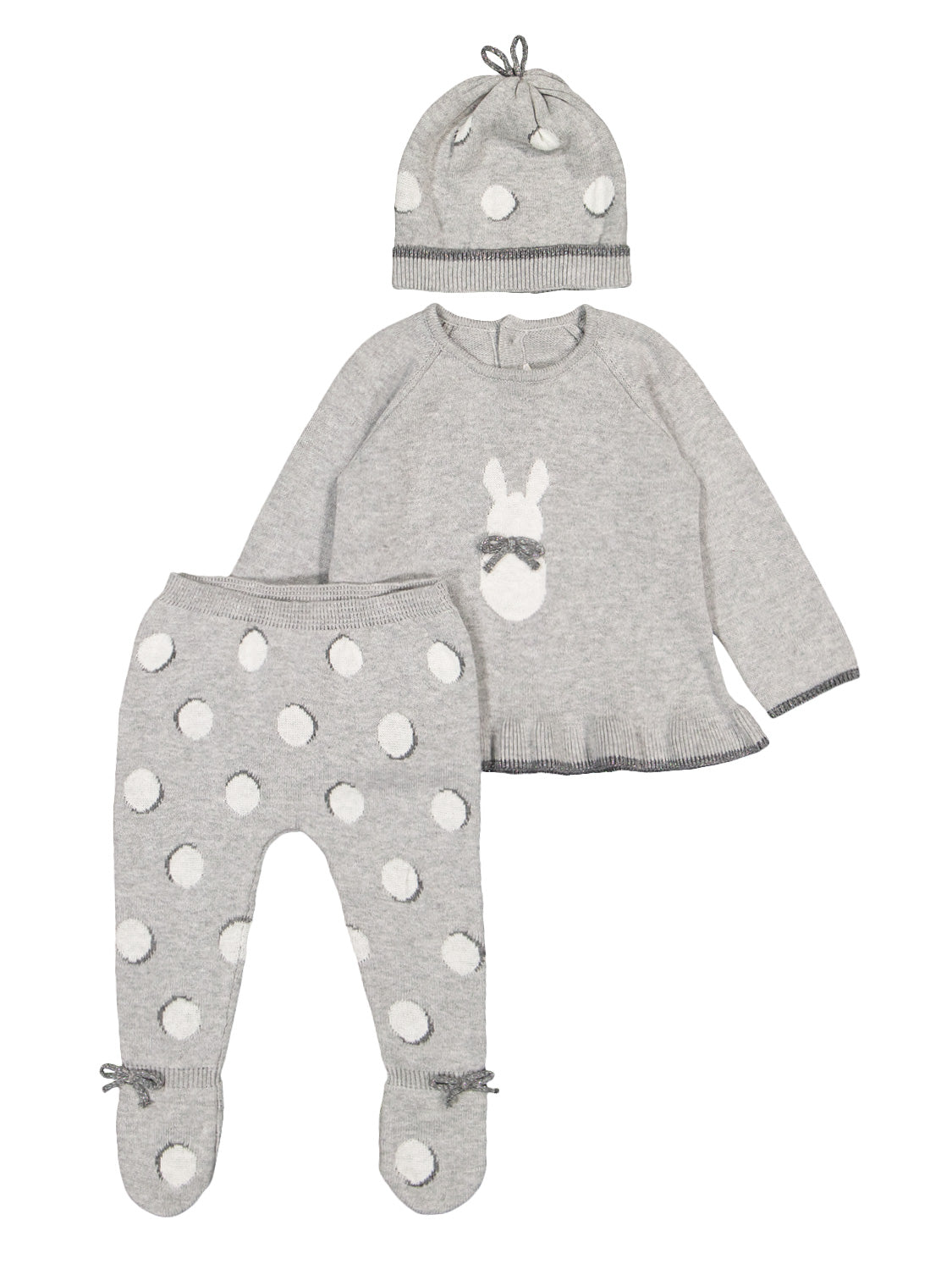 Dreiteiliges Longsleeve Grau Strickset: Mütze mit Pom-Poms, Pullover mit Hasenmotiv und Schleife, Fußhosen mit Polka-Dots und Schleifen, perfekt als Geschenk.