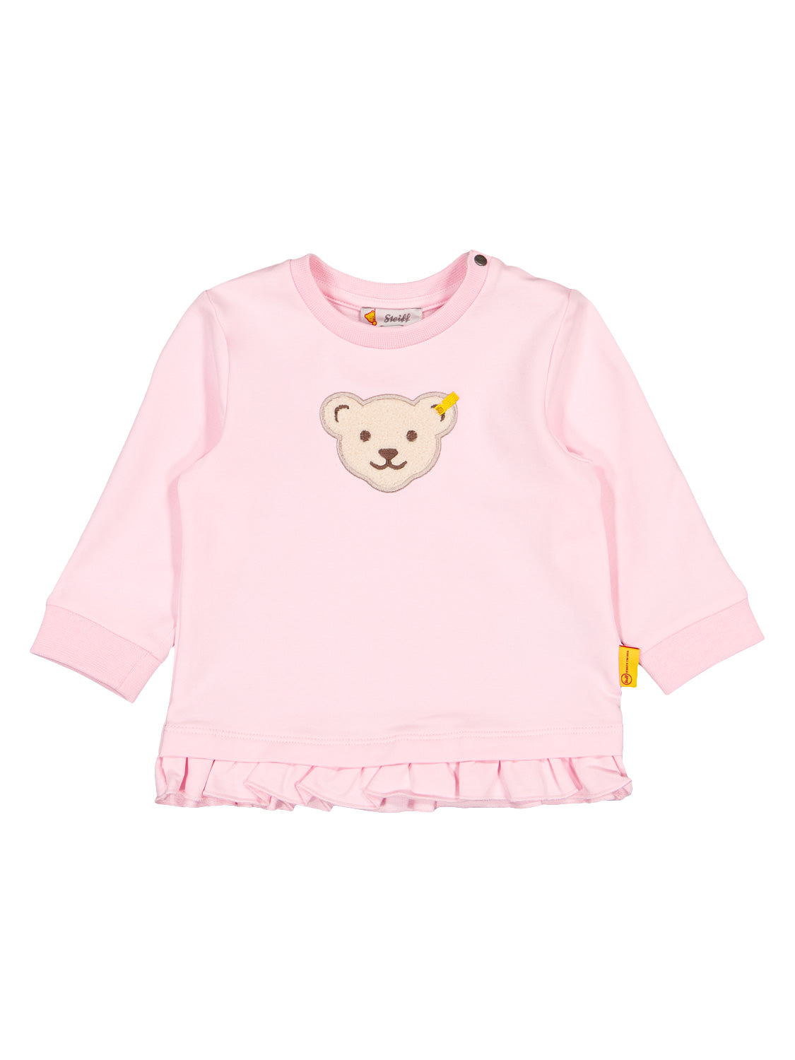 Sweatshirt Rosa: Langarmshirt mit runder Halslinie, Rüschen am Saum und Teddybär-Applikation auf der Brust, ideal für Komfort und Stil an kühleren Tagen.