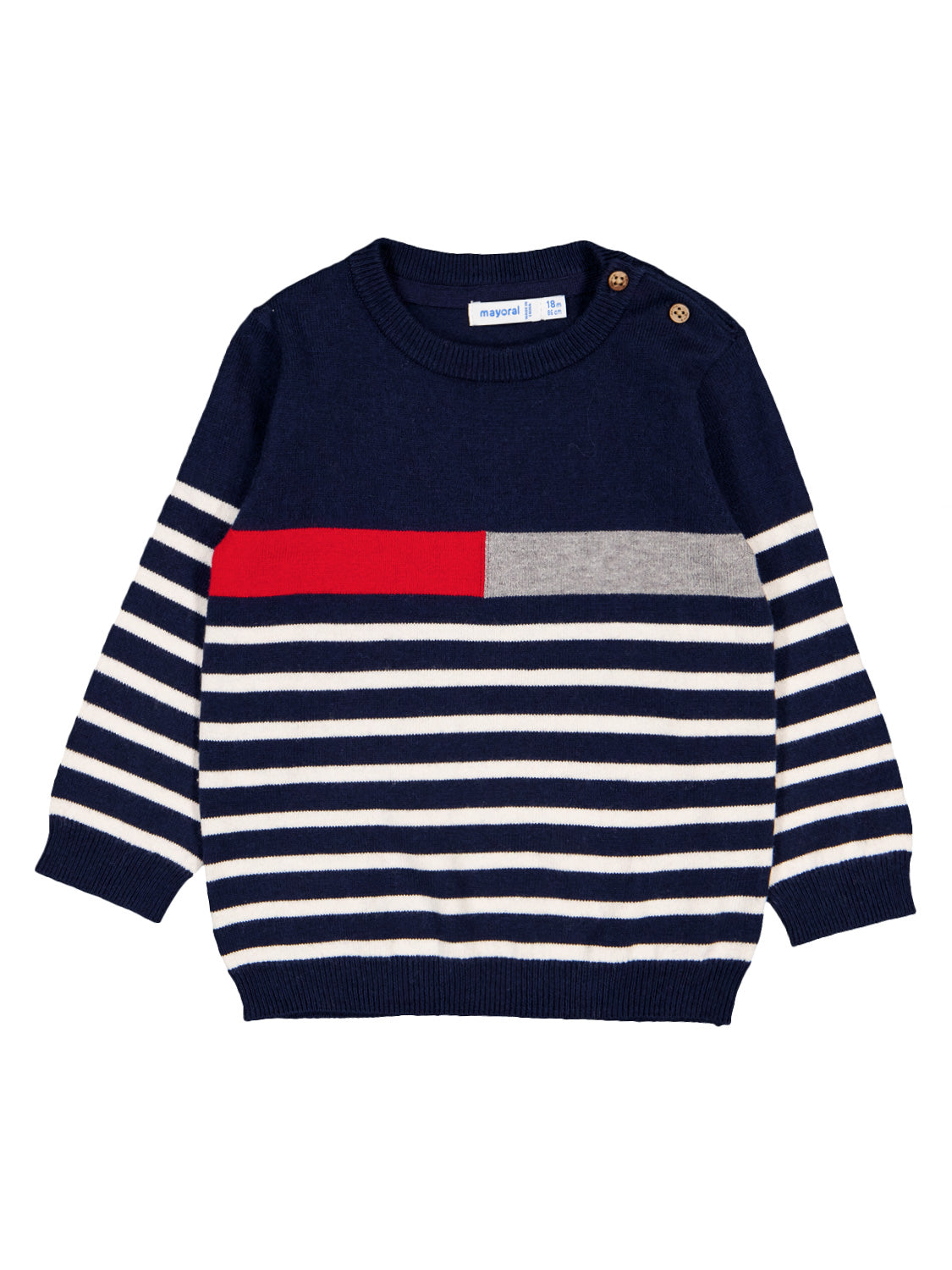 Pullover Marineblau: Baby-Langarmstrickpullover mit weißen Streifen, rotem und grauem Akzent, zwei Schulterknöpfen, ideal für den Alltag. Größe 18 Monate, Marke mayoral.