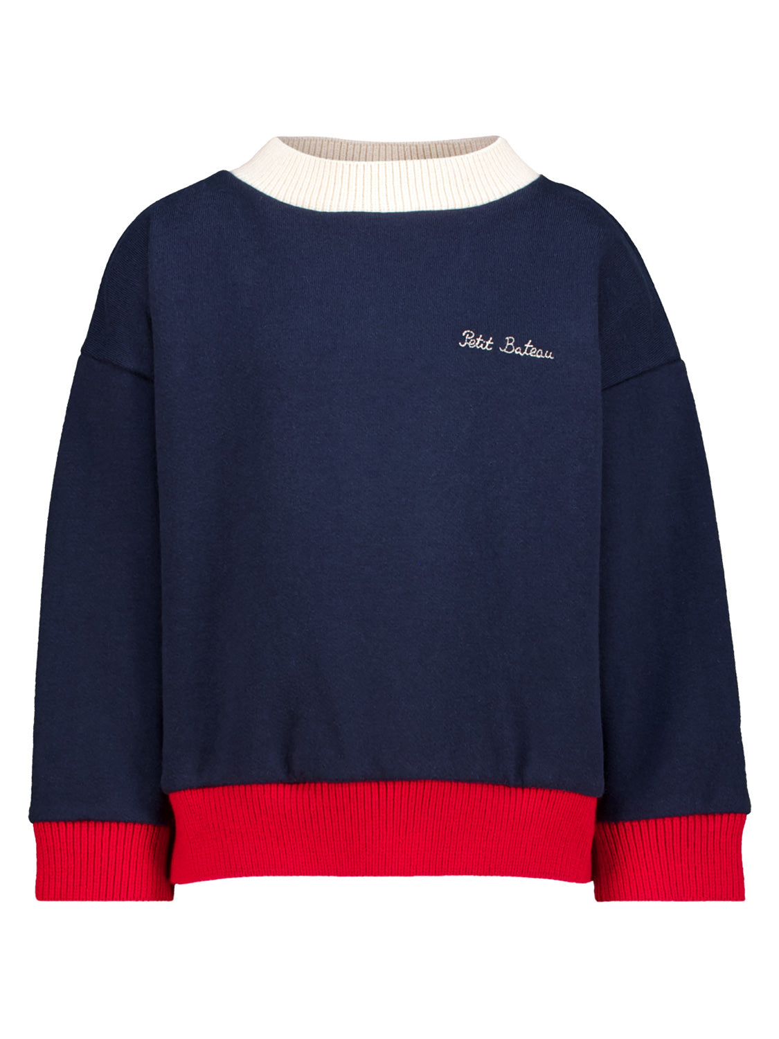 Sweatshirt Marineblau: Navy-blauer Pullover mit cremefarbenem Kragen, roten Bündchen und kleinem Petit Bateau Logo. Weiche Baumwolle, lässiger Schnitt mit überschnittenen Schultern.