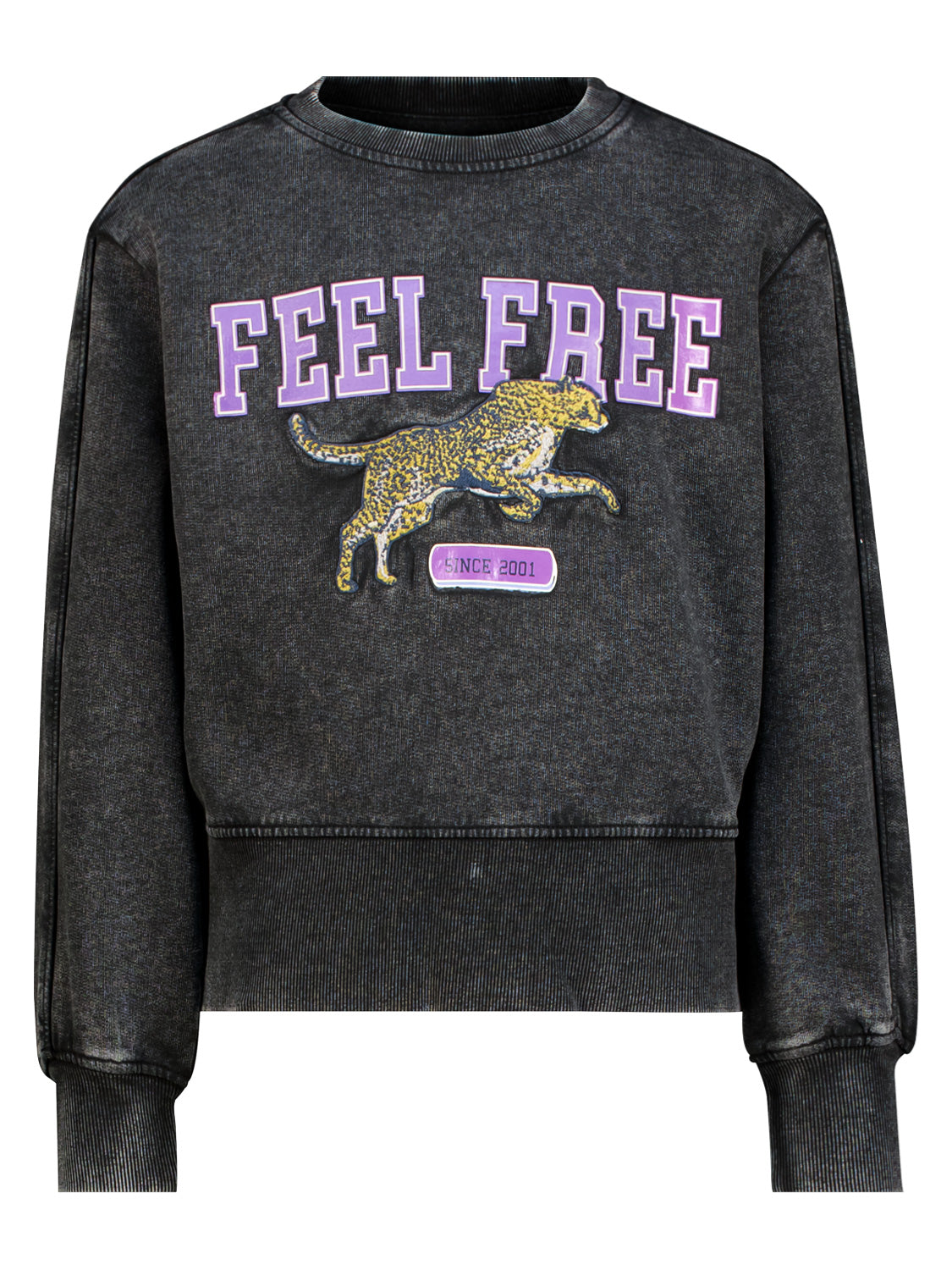 Schwarzer Sweatshirt Anthrazit mit leicht verkürztem Schnitt, Lavendel-Schriftzug „FEEL FREE“, springender Gepard in Gelbtönen, Lavendelplakette „SINCE 2001“, Vintage-Look.