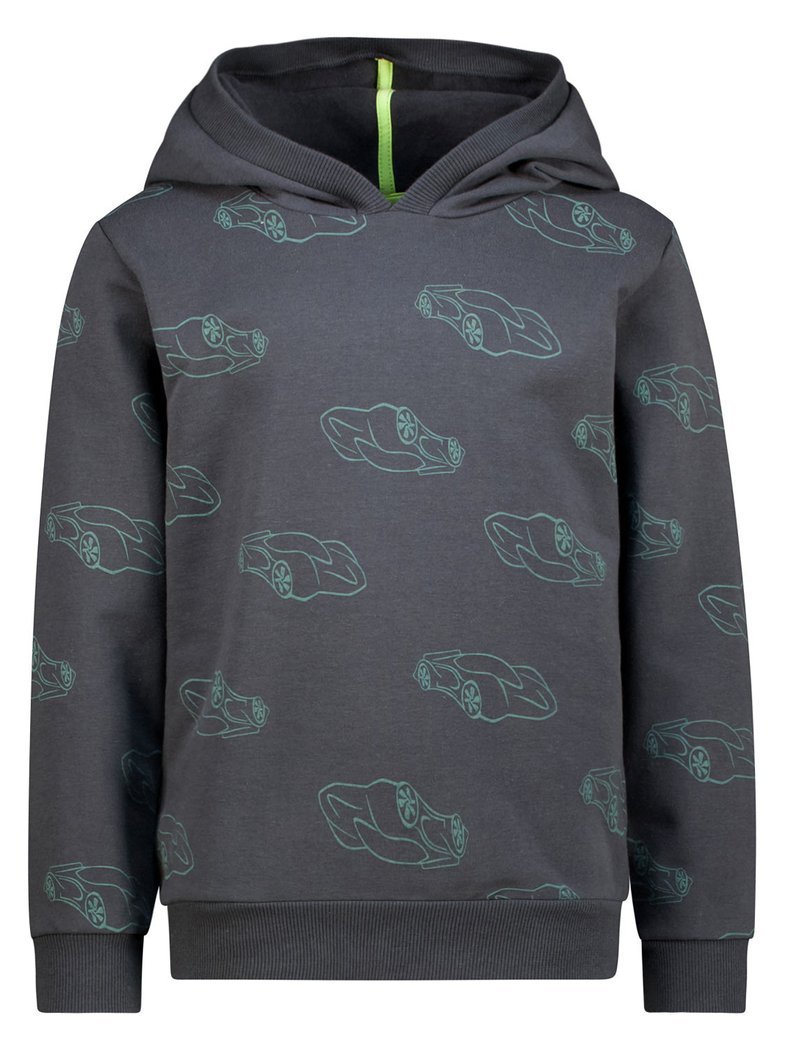 Kinder-Hoodie Anthrazit aus weicher Bio-Baumwolle, mit mintgrünen Sportwagenmotiven, Kapuze und gerippten Abschlüssen, ideal für stilvolle Kinderbekleidung von bellybutton.