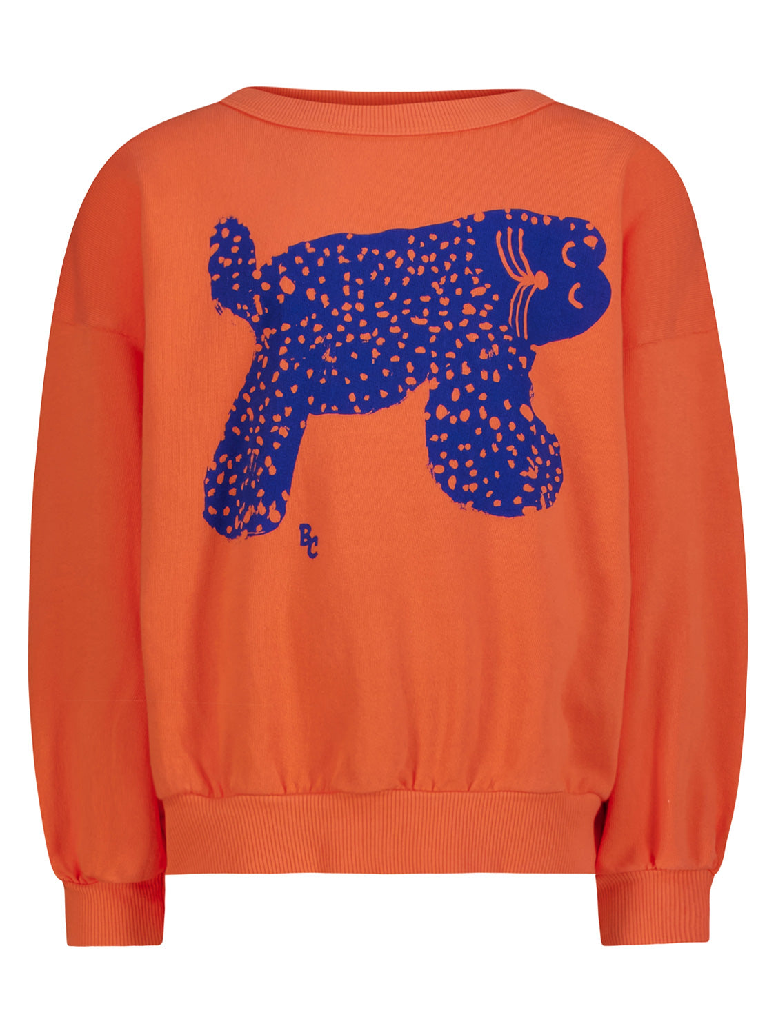 Orangefarbener Sweatshirt Orange mit langem Ärmel, vorne ein stilisierter blauer Katzenschatten mit Punkten, passend zur stilvollen Babymode von bellybutton.