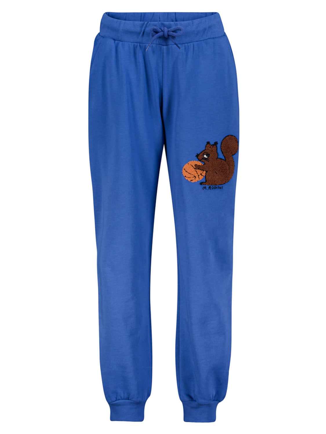 Cobalt-blaue Sweathose mit elastischem Bund und Eichhörnchen-Patch von Mini Rodini, ideal für aktive Kinder und stilvolle Auftritte.