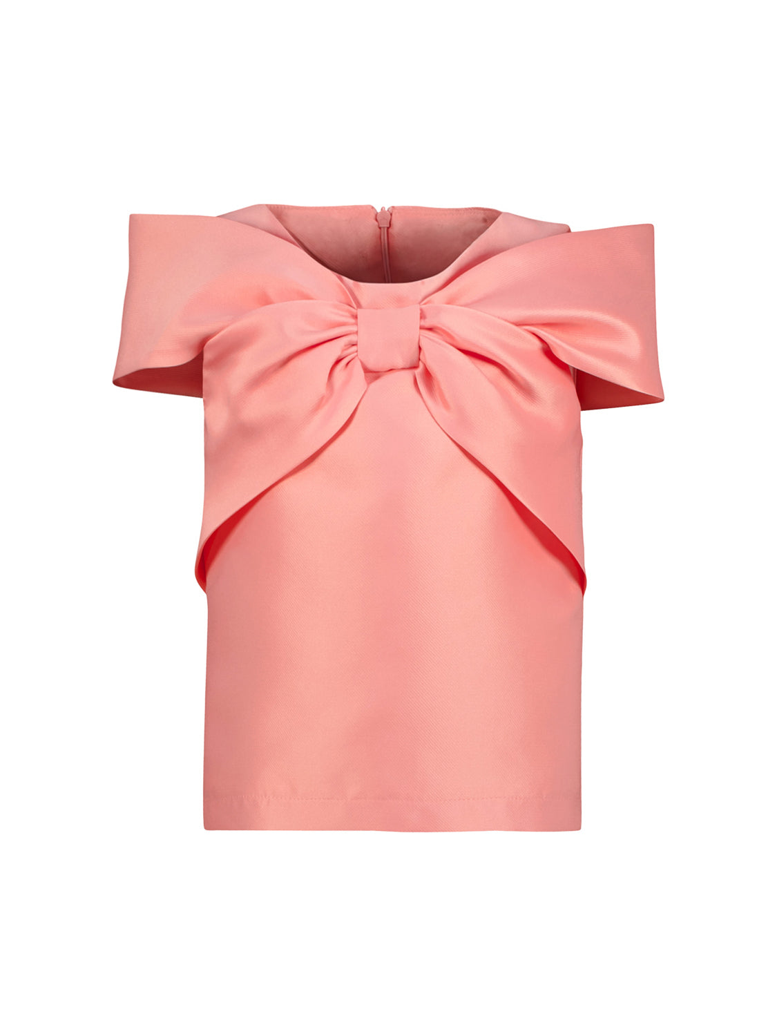 Damen-Oberteil Top Koralle von Mama Luma, ein schulterfreies Satin-Top mit großer Schleife über Dekolleté und geradem Schnitt, ideal für stilvolle Anlässe.