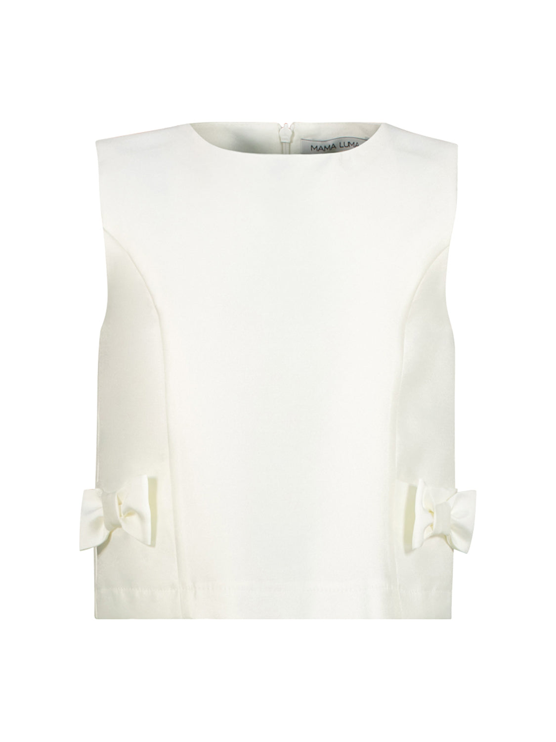 Ärmelloses weißes Top Weiß mit dekorativen Schleifen von Mama Luma, minimalistisches Design mit rundem Ausschnitt und Rückenzipper, ideal für elegante Kombinationen.