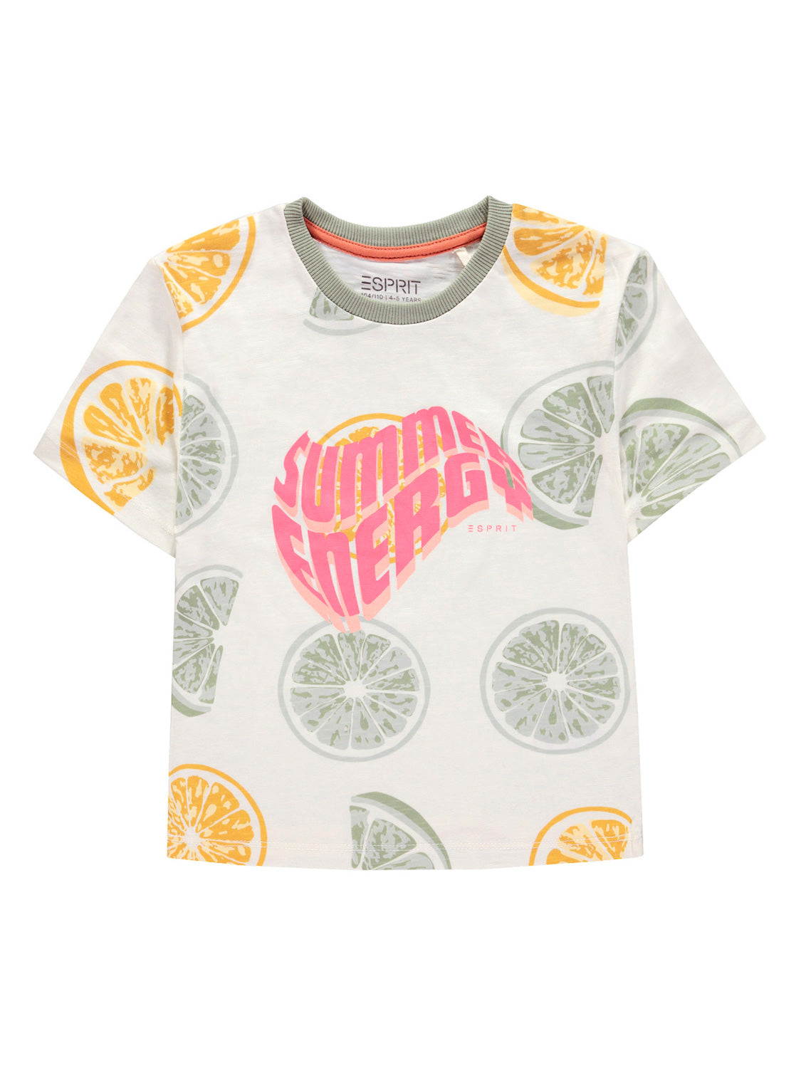 T-Shirt Cremeweiß mit fröhlichen, bunten Zitrusmotiven und dem Schriftzug SUMMER ENERGY für Kinder, ideal für einen sommerlichen Look aus der aktuellen Esprit-Kollektion.