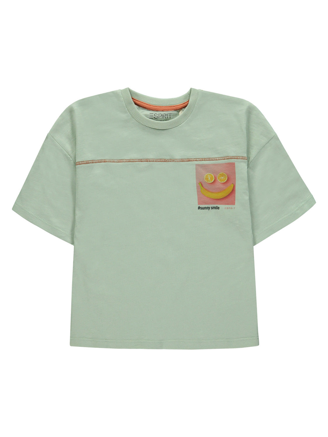 T-Shirt Mintgrün von Esprit mit weitem Schnitt und lustigem Gesichtsdruck aus Zitrusscheiben und Banane auf der Brust, ideal für sommerliche Kinderoutfits.