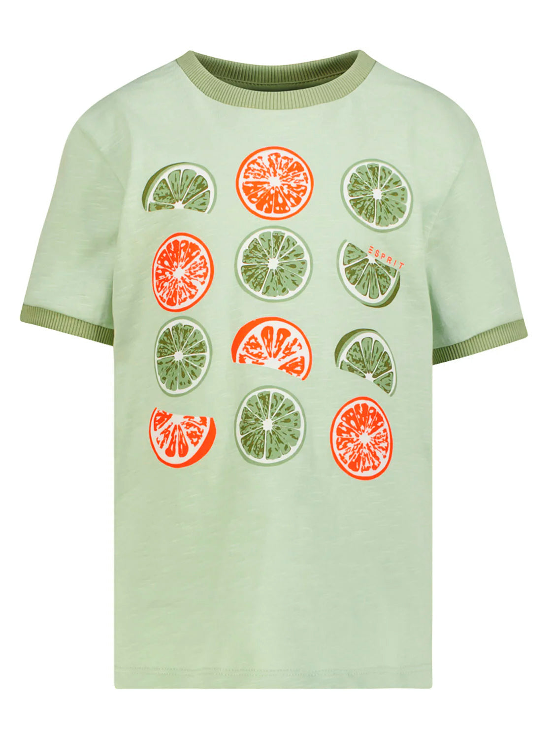 T-Shirt Mintgrün mit kurzen Ärmeln, zeigt citrus Früchte-Print in Orange und Grün, kleiner „Esprit“-Logo bei einer Limettenscheibe, sommerlich-frisch aus Baumwolle.