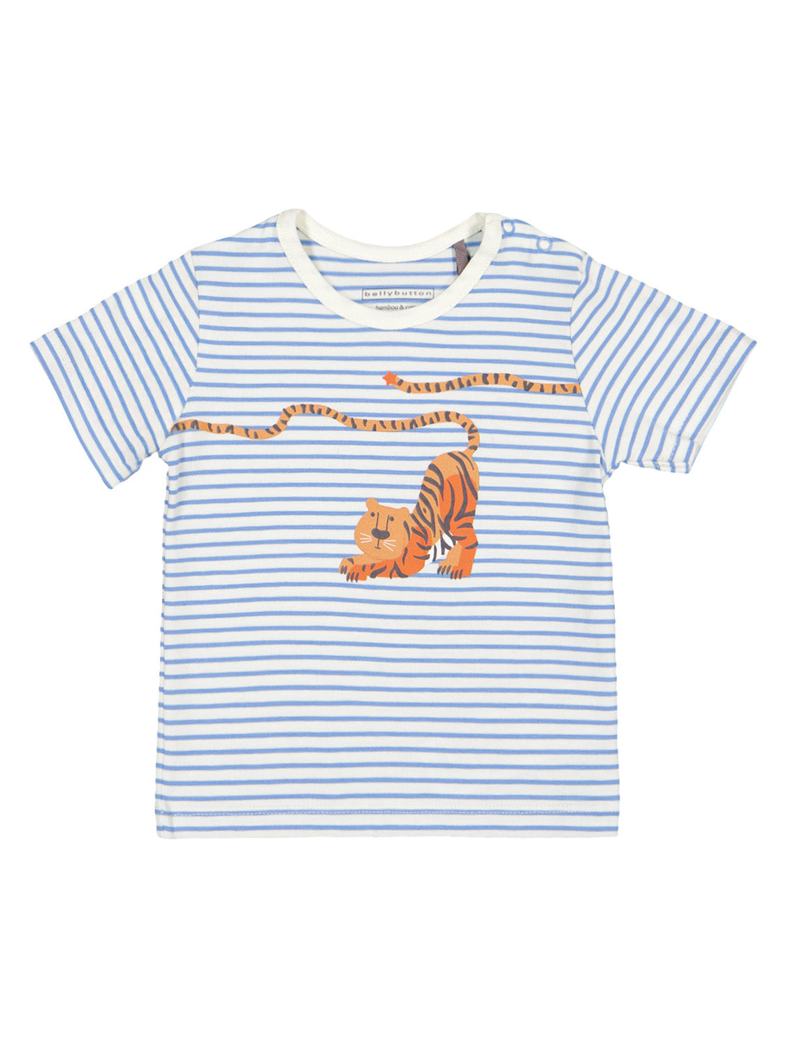 T-Shirt Animal Farm Weiß: Kurzarm-Kinder-T-Shirt mit dünnen Streifen und einem spielerischen, orangefarbenen Tigerprint auf der Vorderseite, der sich über die Brust windet.
