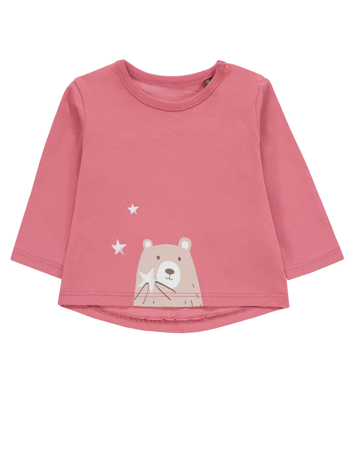 Langarmshirt Friendship Pink mit Druckknöpfen und niedlichem Bärchenmotiv, das einen Stern hält. Ideal für Kinder, erhältlich im bellybutton Onlineshop für Kindermode.