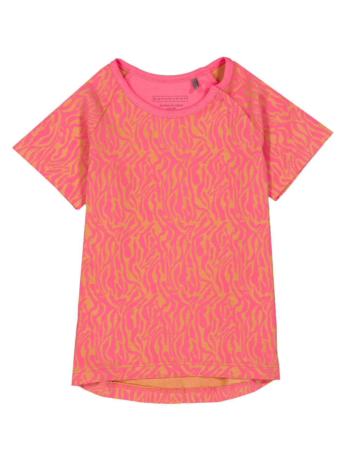 T-Shirt Pink: Kurzärmeliges Kinder-T-Shirt mit rundem Ausschnitt und Schnappverschlüssen, pink-orange Zebrastreifenmuster, aus Bambus-Baumwoll-Mix, Marke bellybutton.