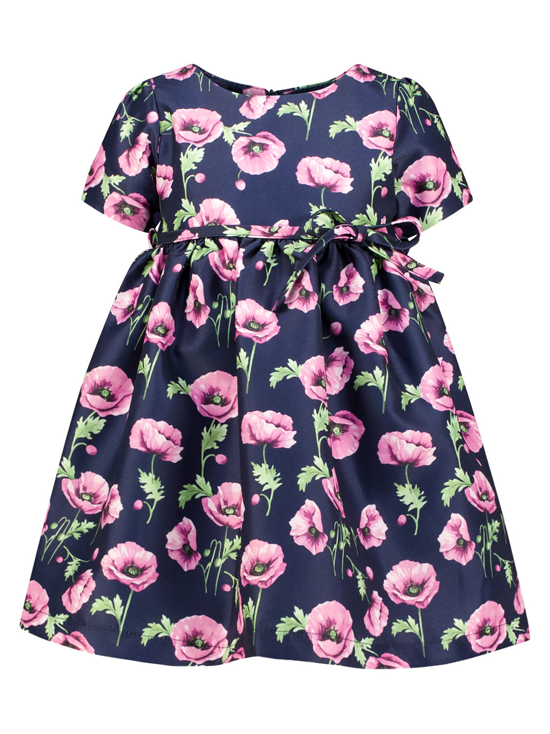 Kleid Marineblau: Kurzarm-Kleid aus dunkelblauem Satin mit pinken Mohnblumen und grünem Blattmuster, zierlicher Gürtel mit Schleife, von Mama Luma.