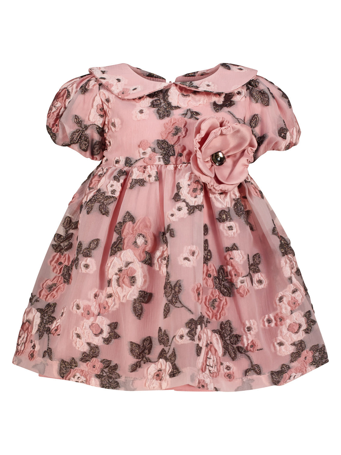 Kleid Rosa: Kurzärmeliges Mädchenkleid mit Peter-Pan-Kragen, opulent besticktem Chiffon-Overlay und großer Stoffblume an der Taille von Mama Luma.