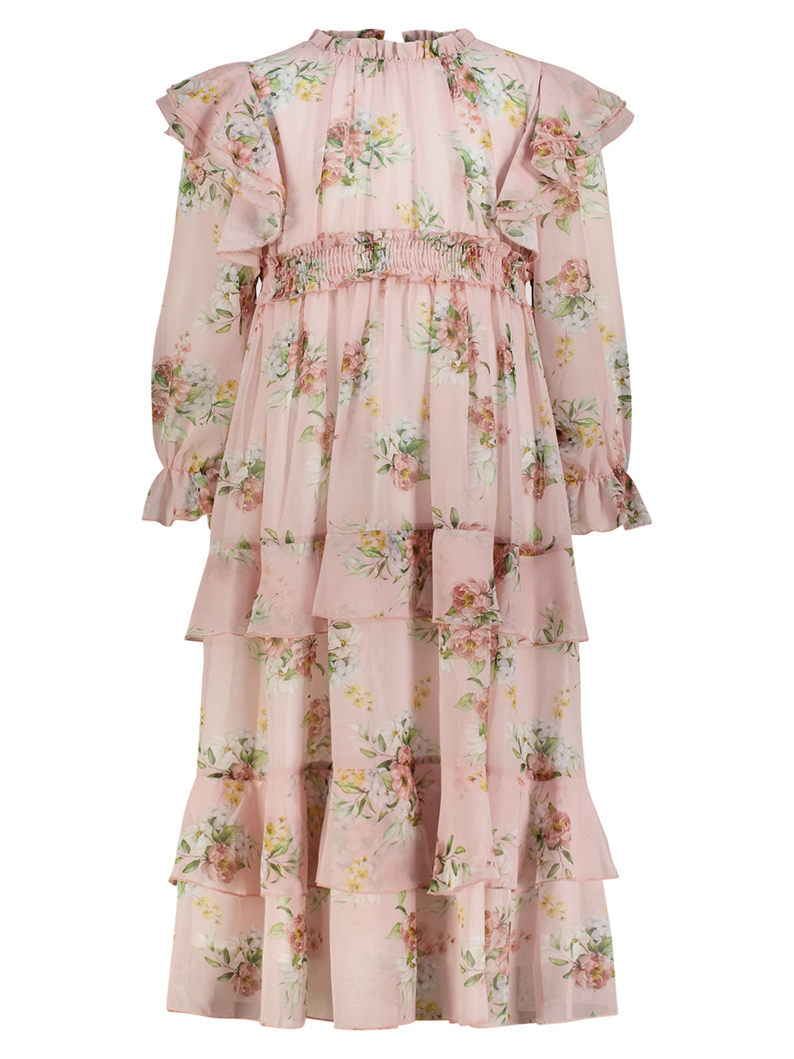Kleid Rosa: Langärmeliges, gestuftes Maxikleid mit Blumenmuster, hohem Kragen, Rüschendetails und elastischer Taille, ideal für elegante und bequeme Styles von Mama Luma.