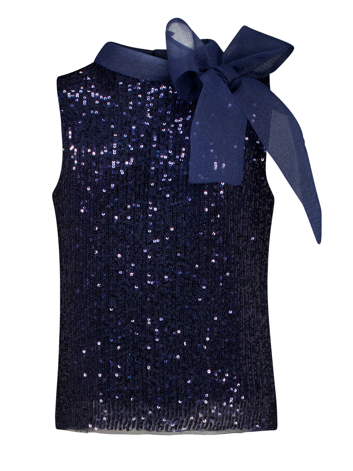 Ärmelloses Top Marineblau mit Pailletten, schimmerndem Mock-Neck und Organza-Schleife von Mama Luma, passend für elegante Anlässe im bellybutton-Stil.