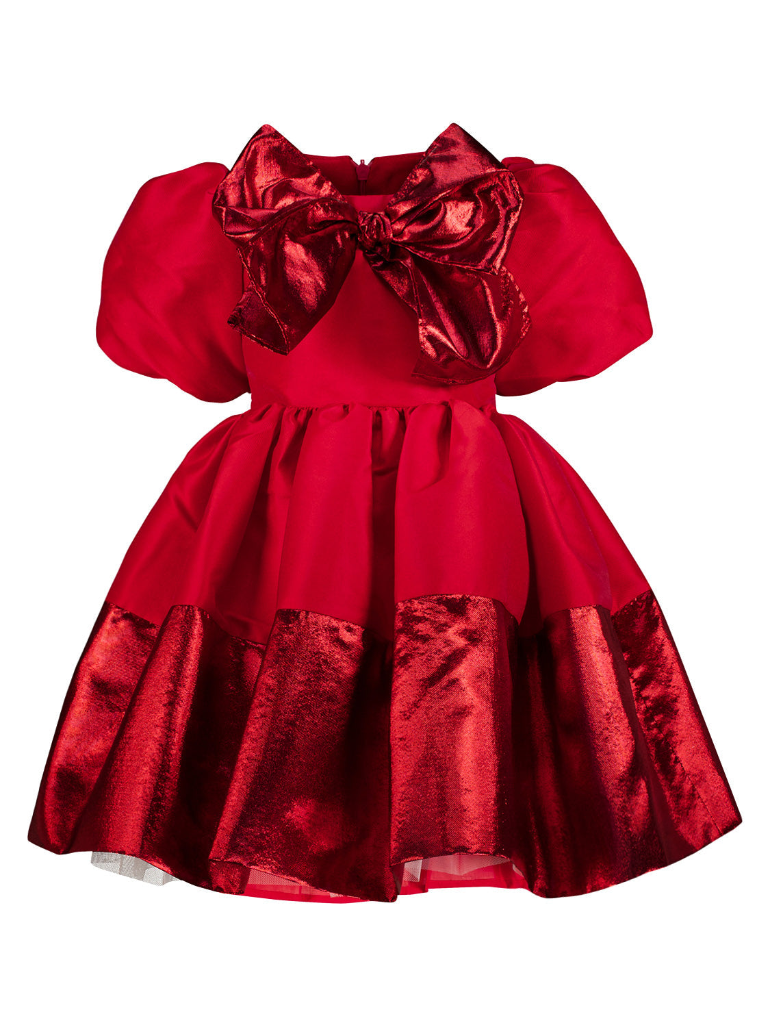 Kleid Rot: Festliches Kinderkleid mit Puffärmeln, glänzendem Schleifen-Detail am Ausschnitt und voluminösem Rock, ideal für Partys und besondere Anlässe.