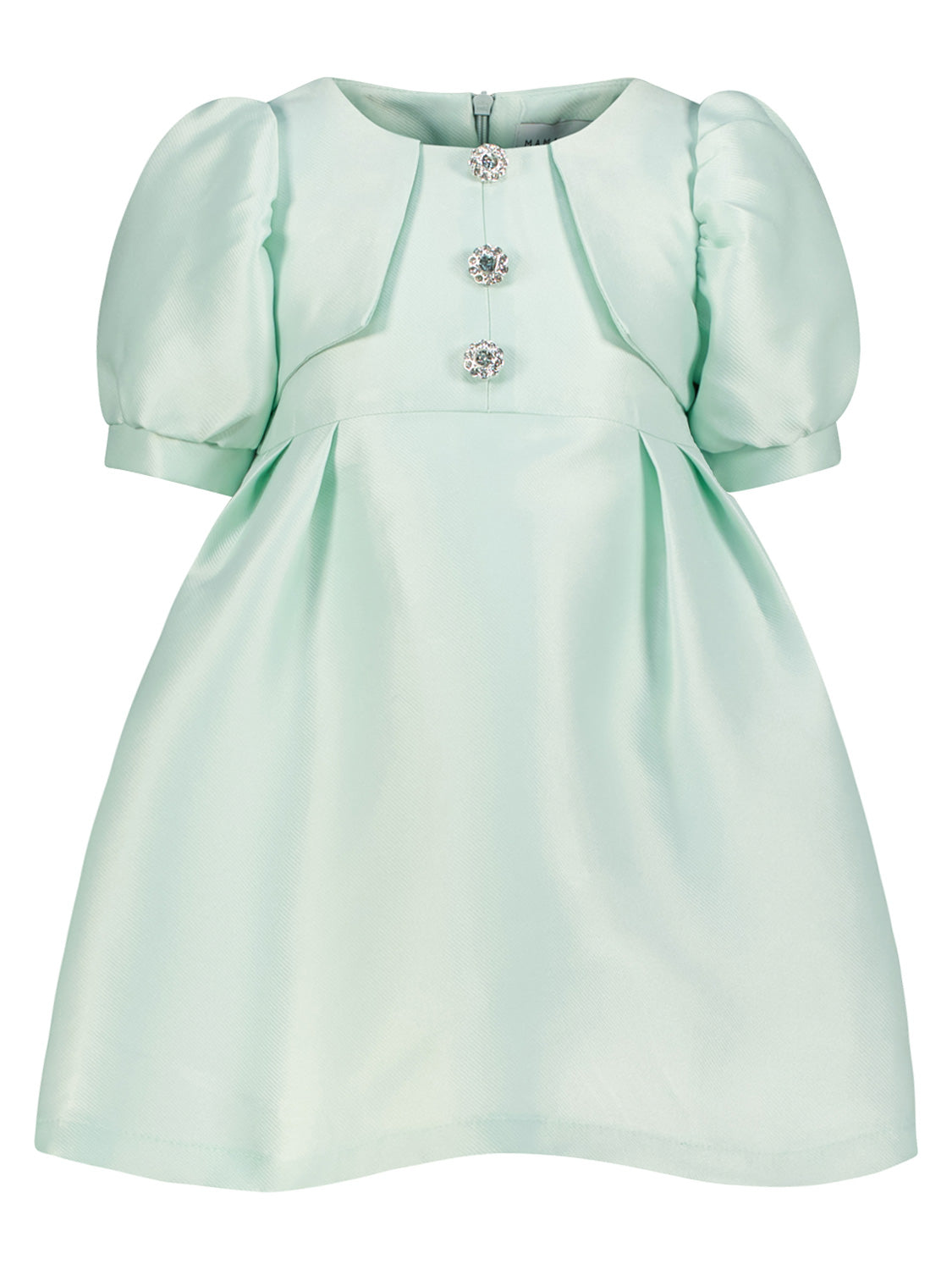 Kleid Mintgrün: Elegantes, leicht glänzendes Kleid mit Puffärmeln, Koller und dekorativen Schmuckknöpfen, ideal für Kinder, von der kalifornischen Marke Mama Luma.
