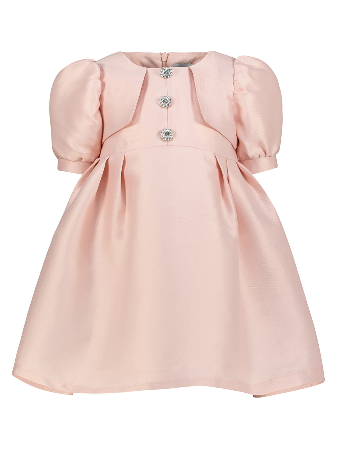 Kleid Rosa: Elegantes Satin-Kleid für Babys mit Puffärmeln, funkelnden Schmuckknöpfen und sanft gefaltetem Rock, ideal für stilvolle Anlässe von Mama Luma.