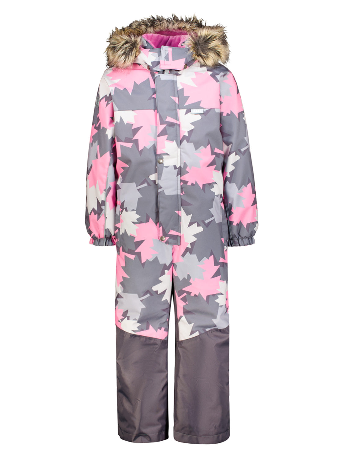 Kinder-Schneeanzug Overall Dex Pink mit Kapuze und Kunstfellbesatz, geometrisches Muster und wasserabweisendem Stoff, ideal für winterliche Abenteuer. Perfekt für den Kinderstil von bellybutton.