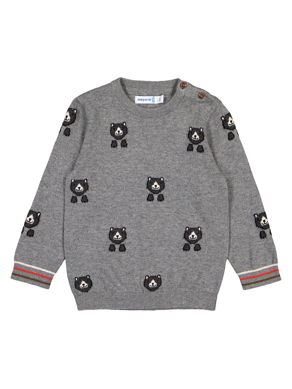 Kinder-Pullover Grau mit Bärenmuster und farbigen Streifen an den Bündchen. Ideal für kalte Tage, vom Label Mayoral. Perfekt für gemütliche Stunden.