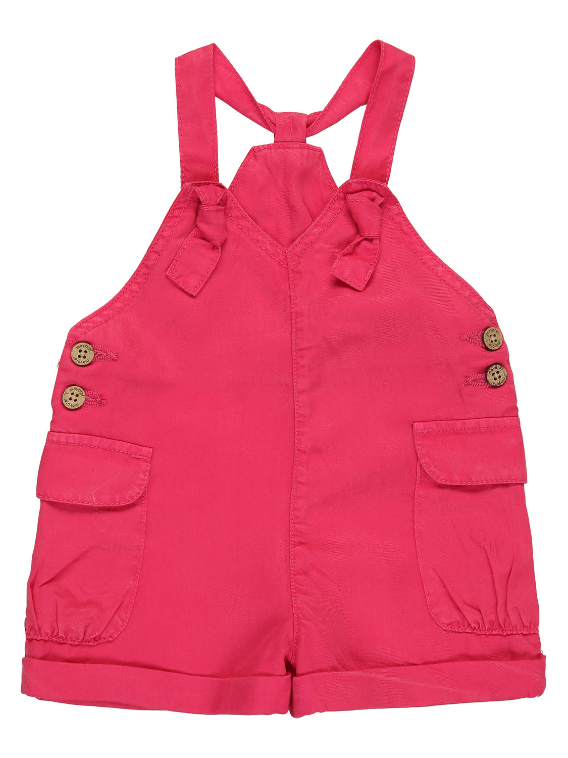 Jumpsuit AT THE BEACH in Magenta für Kinder, mit Knoten-Trägern, geradem Latz, seitlichen Knöpfen, Hüftklappen-Taschen und umgeschlagenen Säumen, ideal für Babys und Kleinkinder.