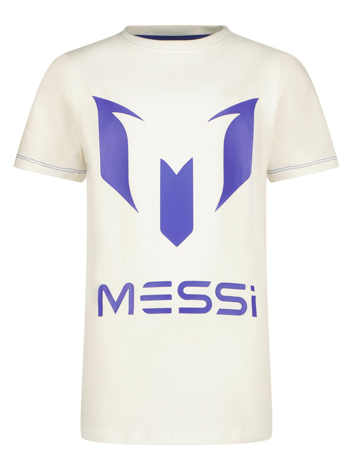 T-Shirt LOGO TEE - MESSI in Real White zeigt einen großen lila M Logo und MESSi Schriftzug auf der Brust. Ideal für junge Messi-Fans.