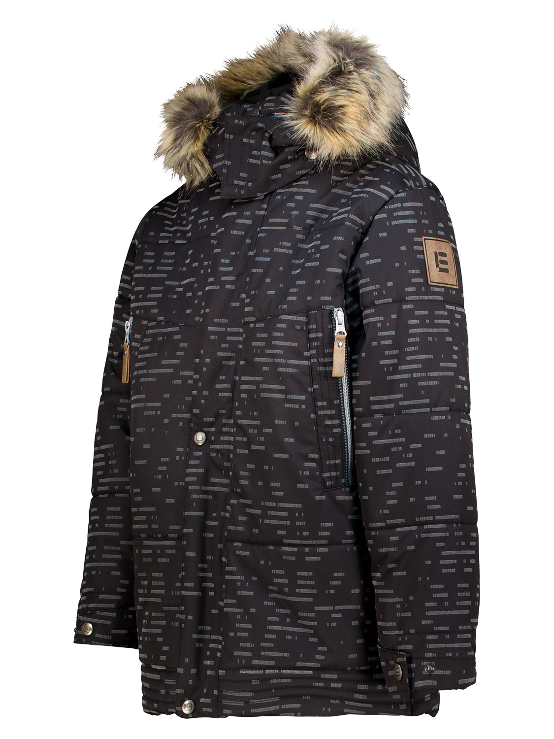 Winterjacke Samuel Schwarz: Schwarzer Parka mit grauem Muster, fellbesetzter Kapuze, vertikalen Brusttaschen mit Reißverschluss, Druckknopf-Windleiste und Logo-Patch am Ärmel.