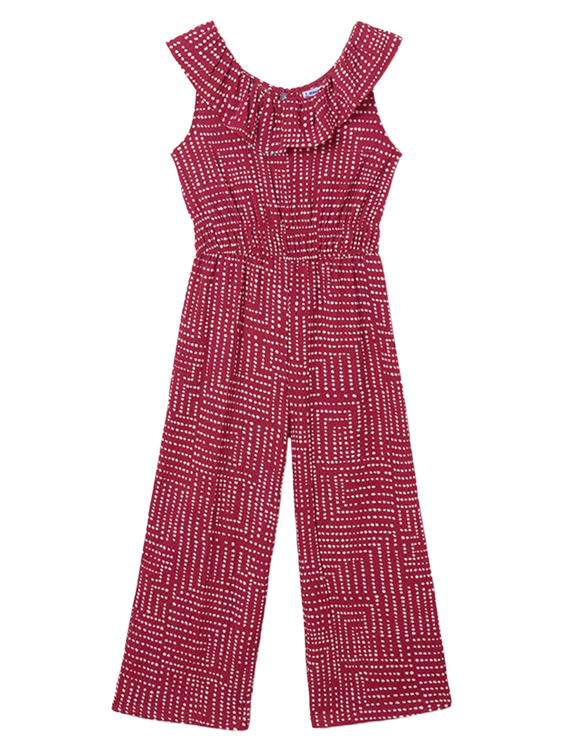 Ärmelloser Jumpsuit GROWN WILD in Paprika mit weitem Bein, weißem geometrischem Muster, Rüschenkragen und elastischer Taille, ideal für stilvolle Umstandsmode bei bellybutton.