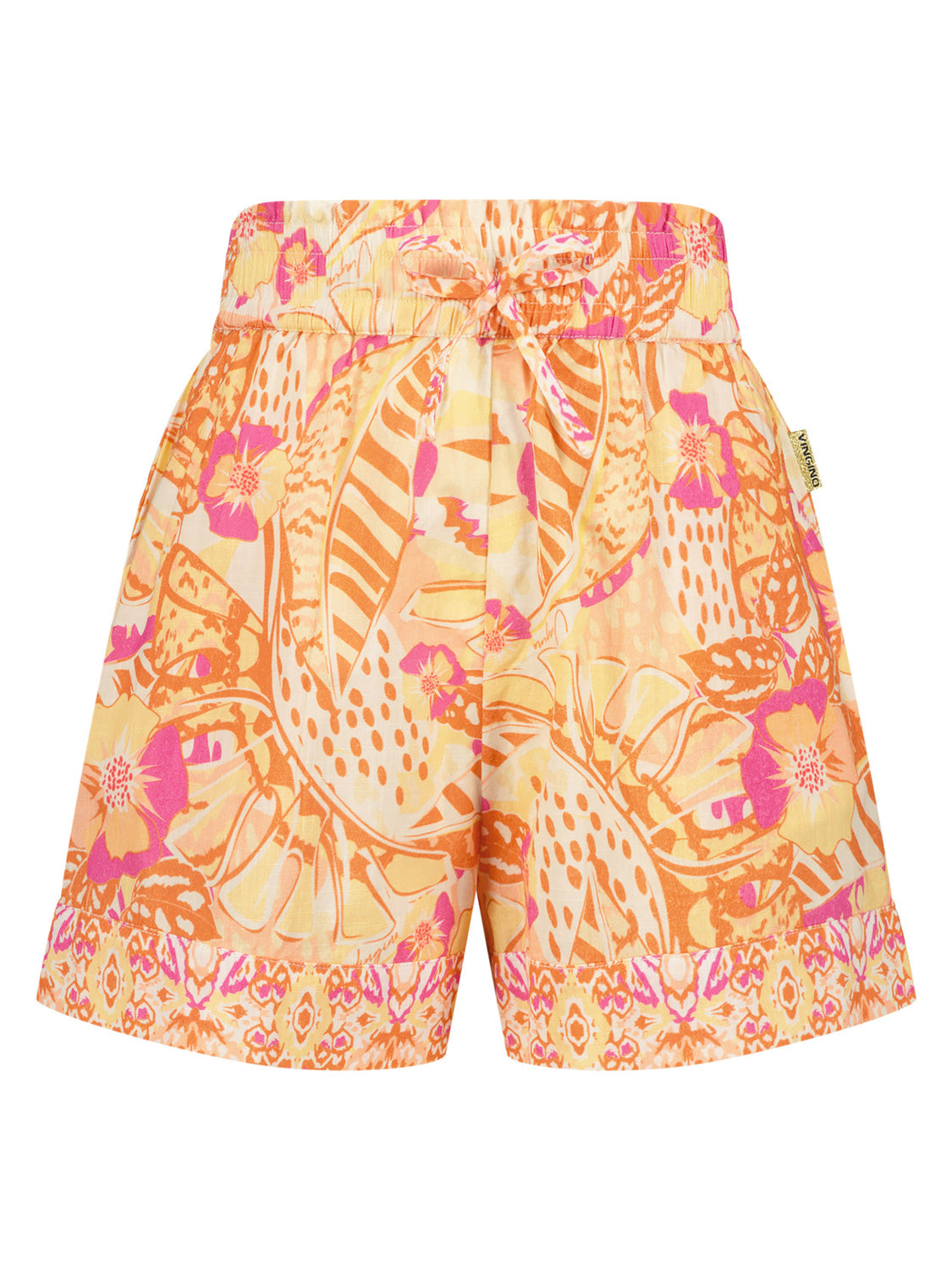 Jersey-Shorts RONDHA in sunset coral, mit elastischem Kordelzugbund und stilisierten floralen, Blatt- und Zitrus-Motiven, ideal für lässige Outfits von bellybutton.