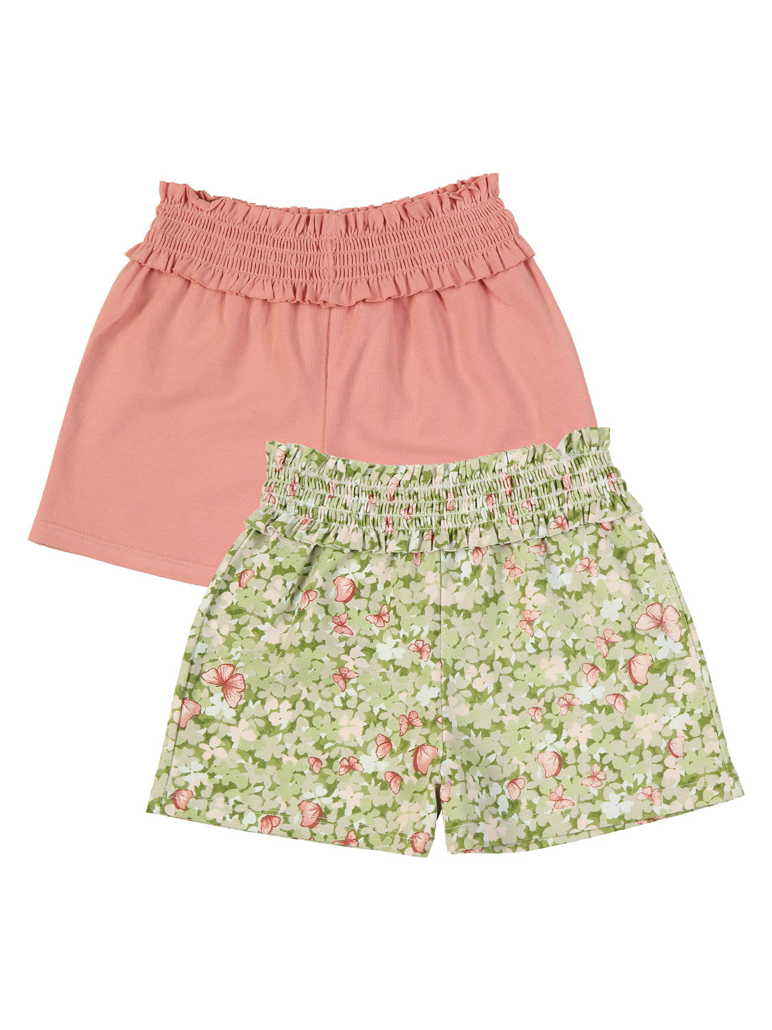 Zwei Mädchen-Shorts aus dem Shorts BASIC 2er Pack in rose rose von bellybutton, eine in Korallpink, die andere mit floralem Muster, beide mit elastischem, gerafftem Bund.