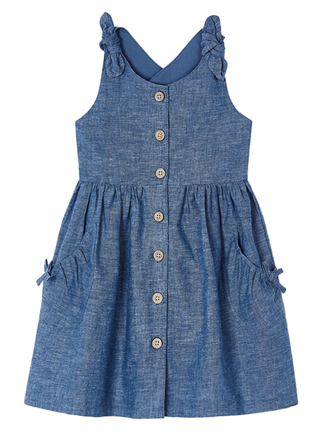 Leinenkleid ALBA in blau mit Knopfleiste, gebundenen Trägern, gerafftem Rock und Seitentaschen mit Schleifenakzent, ideal für stilvolle Kindermode von bellybutton.