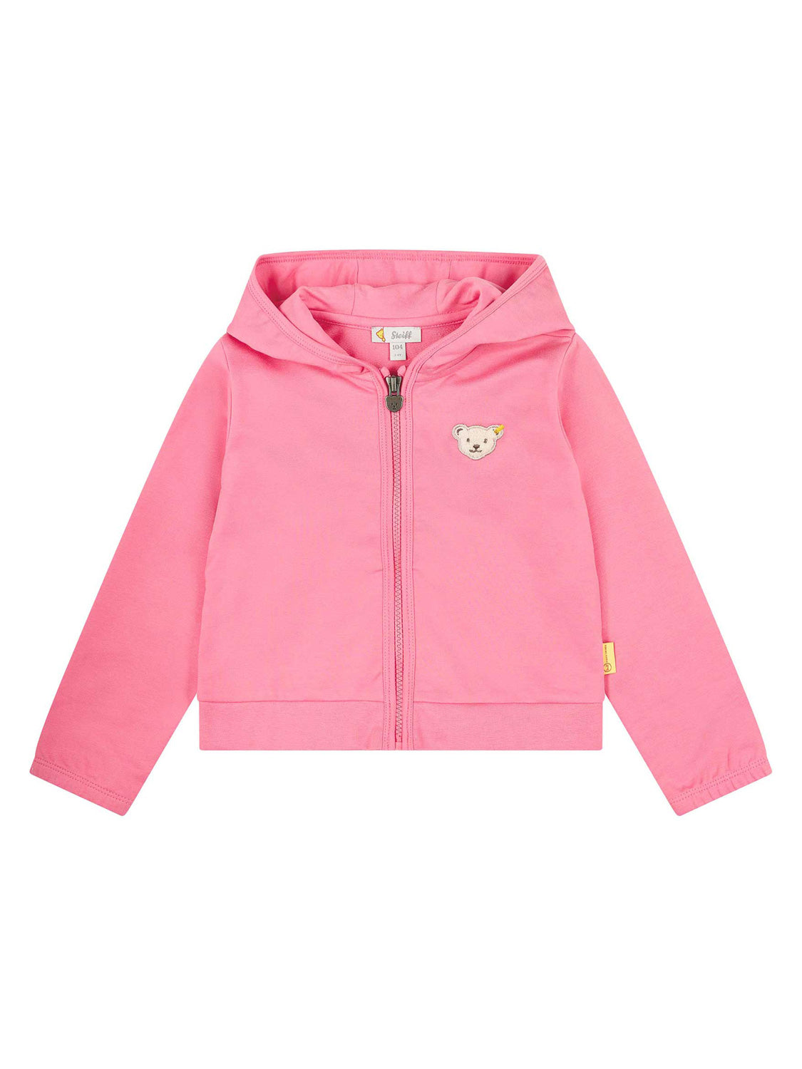 Kinder-Sweatjacke Pink mit Reißverschluss, Kapuze und Bären-Patch auf der Brust. Perfekt für stilvolle, bequeme Kindermode von bellybutton.