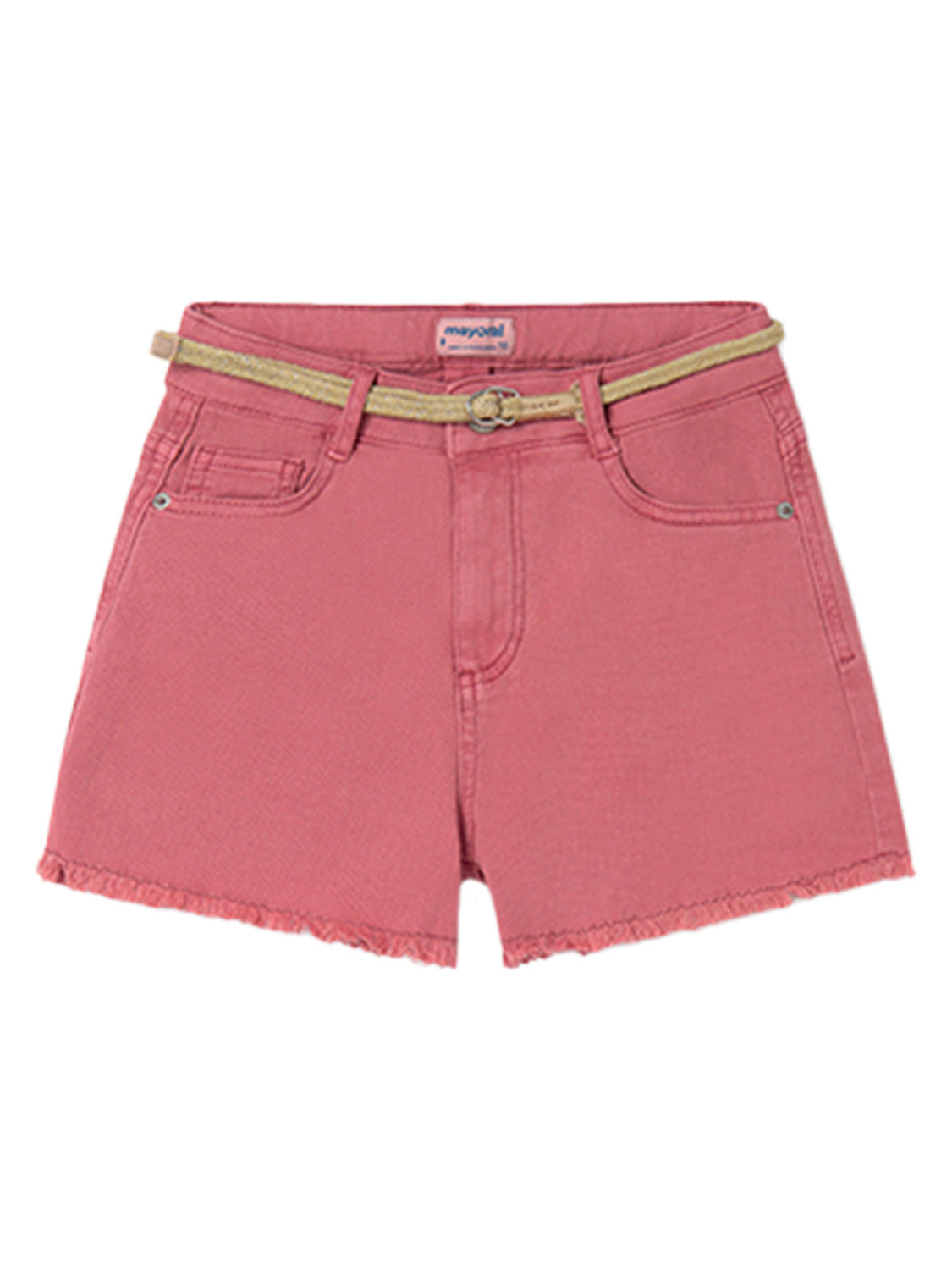 Jeans-Shorts SARGE BASIC in rouge rouge, pinke Denim-Shorts mit fransigem Saum, klassischem Fünf-Taschen-Stil und geflochtenem Strohgürtel. Ideal für stilvolle Kinder- und Jugendmode.