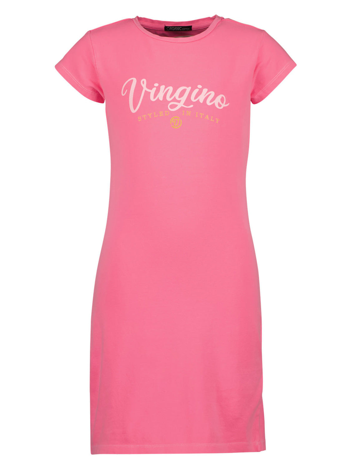 Jersey-Kleid BASIC LOGO in Pinkglo: Kurzärmeliges, pinkfarbenes T-Shirt-Kleid aus Baumwolle mit Vingino und Styled in Italy Schriftzug auf der Brust, ideal für modische Kinder.