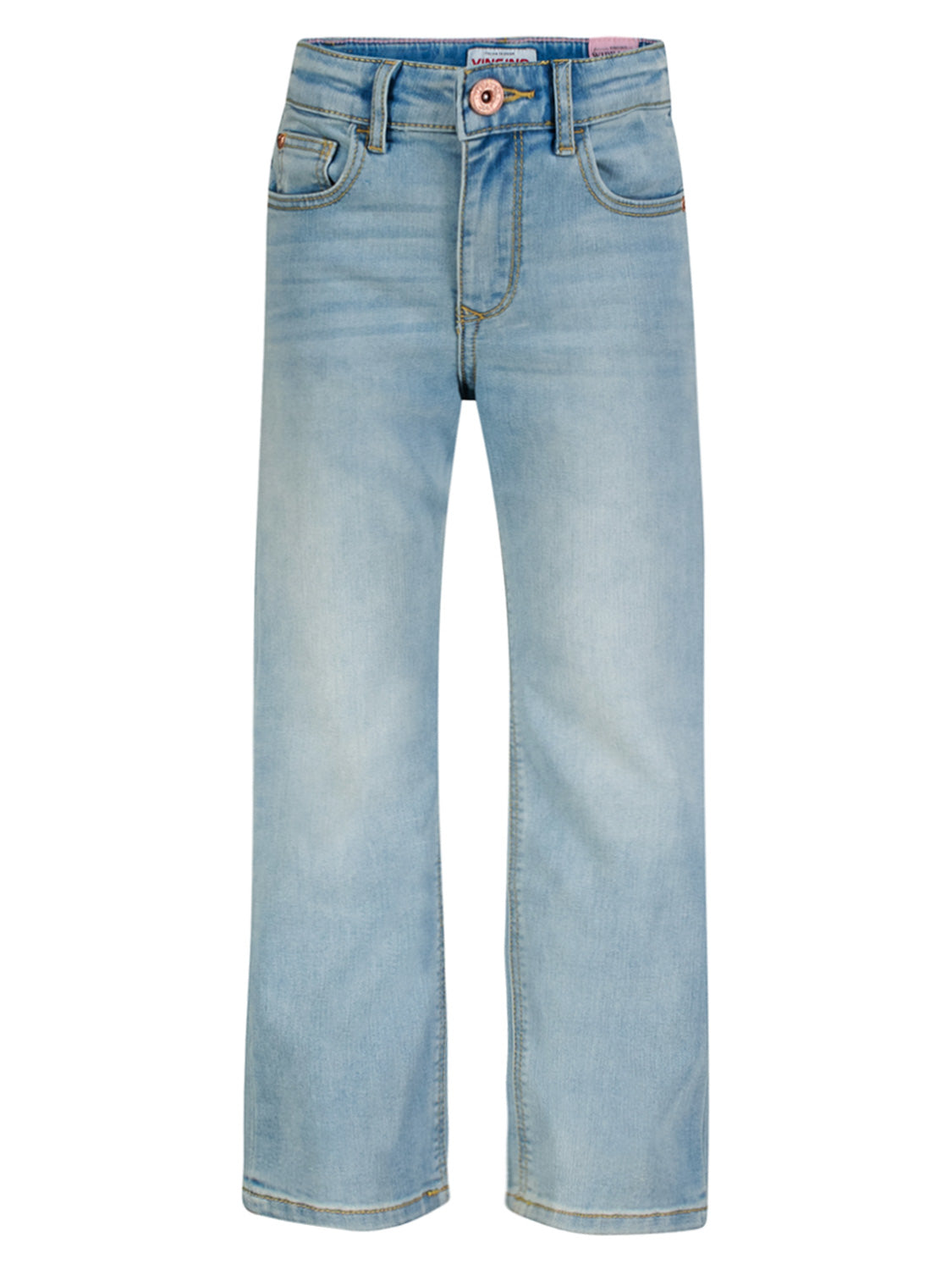 Jeans Hellblau: Leicht verwaschene, blaue Denim-Jeans im Five-Pocket-Stil, flach auf weißem Hintergrund präsentiert, passend für modische und bequeme Kinder- und Jugendkleidung bei bellybutton.