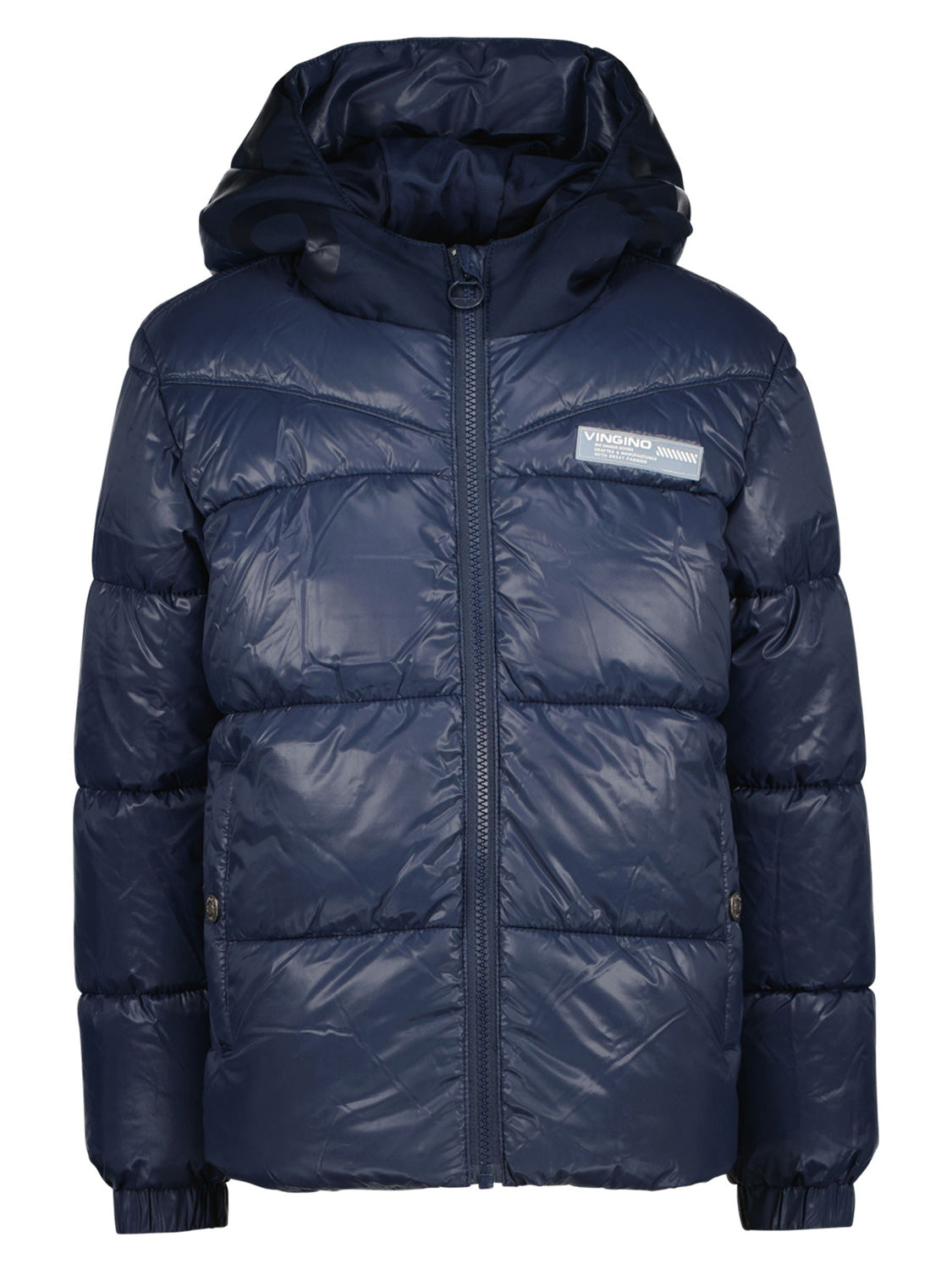 Steppjacke TIDO in dunkelblau mit Kapuze, Reißverschluss, elastischen Bündchen, Druckknopftaschen und VINGINO Patch auf der Brust. Perfekt für stilvolle Kinderbekleidung.