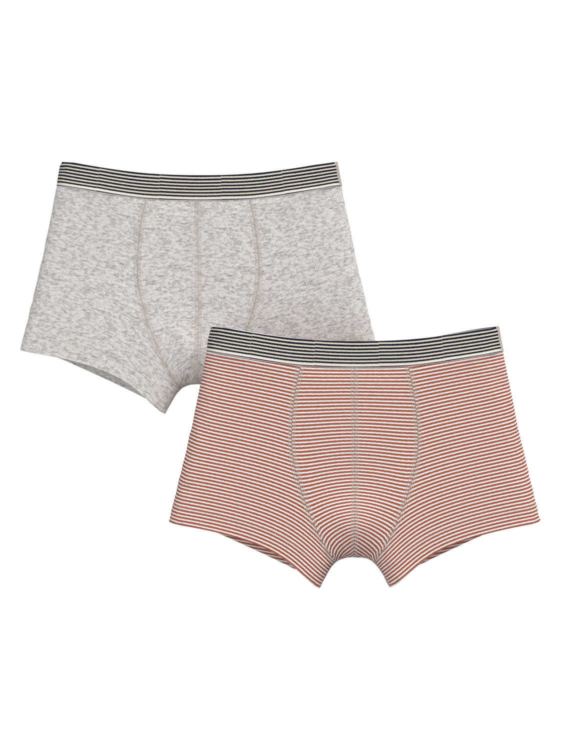 Boxershorts MELANGE 2er-Set in grau/rot: Ein Paar in hellgrau, das andere mit roten und weißen Streifen, beide mit kontrastierendem, gestreiftem Bund.
