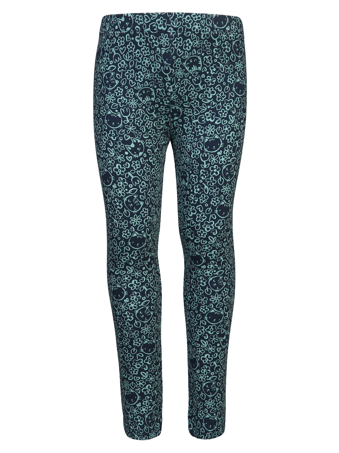 Leggings FUNKY in Dunkelblau mit mintgrünem Linienmuster aus Katzen, Blumen, Herzen und Blättern, ideal für Kinder, aus dehnbarem Strickmaterial für Freizeit oder sportliche Aktivitäten.