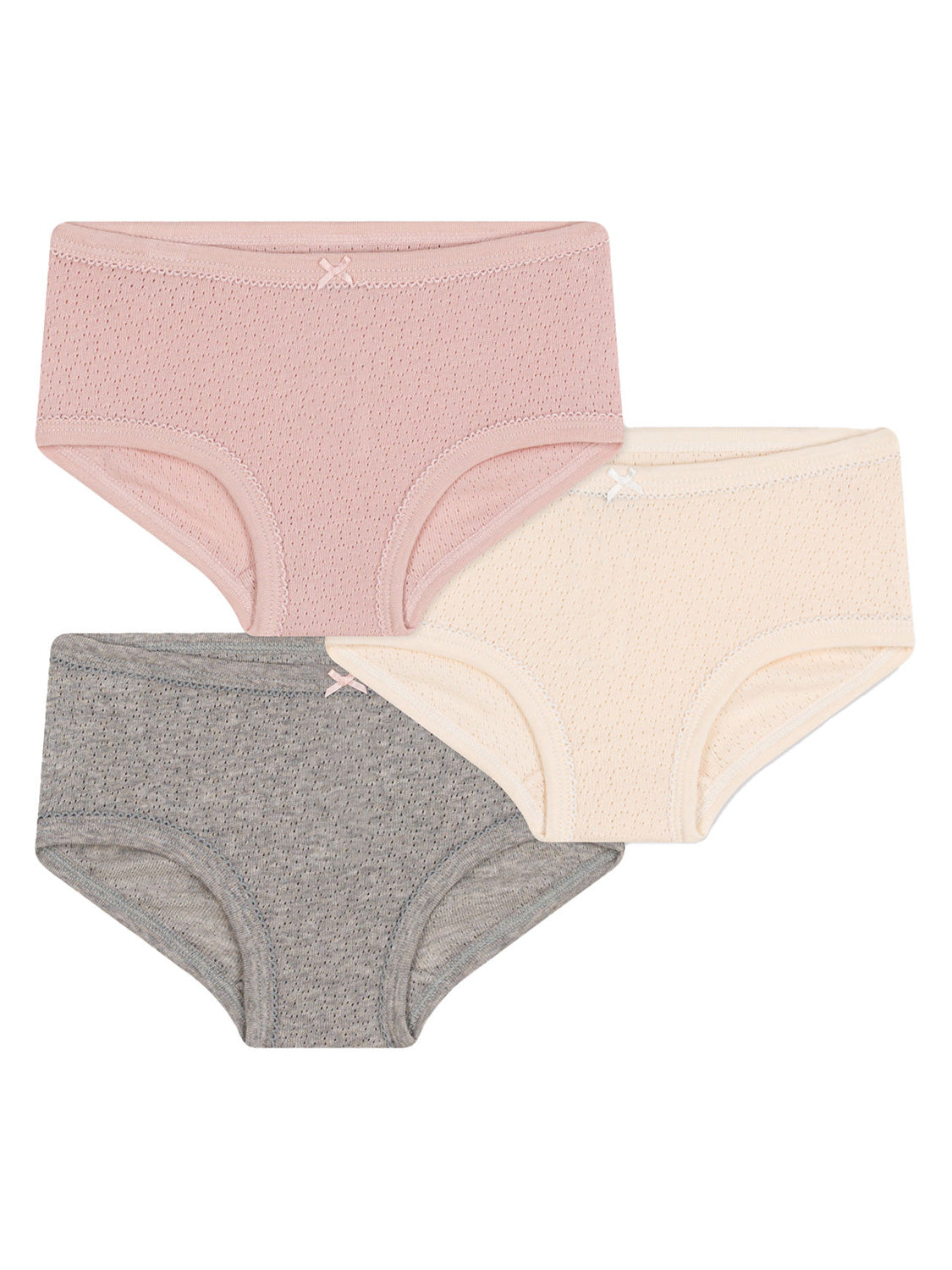 Drei Paar Hipster TAILLE HAUTE 3er Pack in bunt bunt, aus Baumwoll-Stretchstrick mit Zierschleife und dezentem Lochmuster, gestapelt.