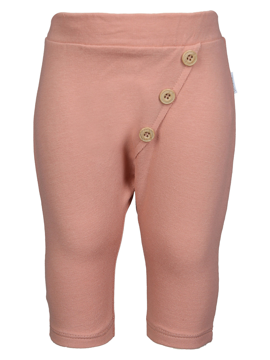 Jogginghose Apricot: Baby-Leggings mit elastischem Bund und diagonalem Frontpanel, verziert mit drei kleinen Holzknopf-Details, ideal für Komfort und Stil bei bellybutton.