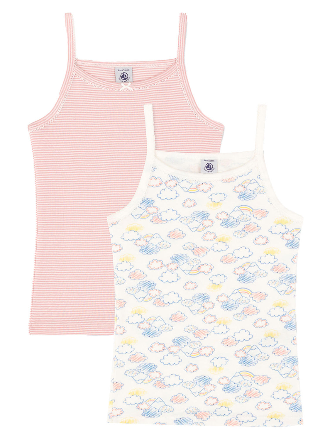 Zwei ärmellose Unterhemden CLOUDS 2er Pack in bunt bunt, ein rosa-weiß gestreiftes und ein cremefarbenes mit Wolken-Print, aus leichtem Baumwollstoff.