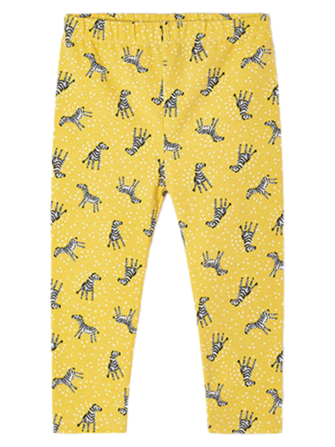 Leggings ZEBRA in honiggelb mit kleinen weißen Punkten und schwarz-weißen Zebra-Illustrationen, ideal für Kinder, erhältlich bei bellybutton, dem Online-Shop für stilvolle Kindermode.