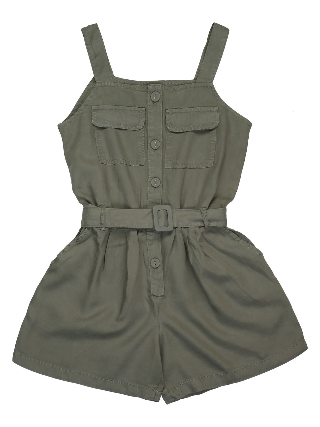 Ärmelloser Jumpsuit SAFARI kurz in alge alge mit breiten Trägern, Knopfleiste, Brusttaschen und Stoffgürtel mit rechteckiger Schnalle, ideal für stilvolle, legere Anlässe.