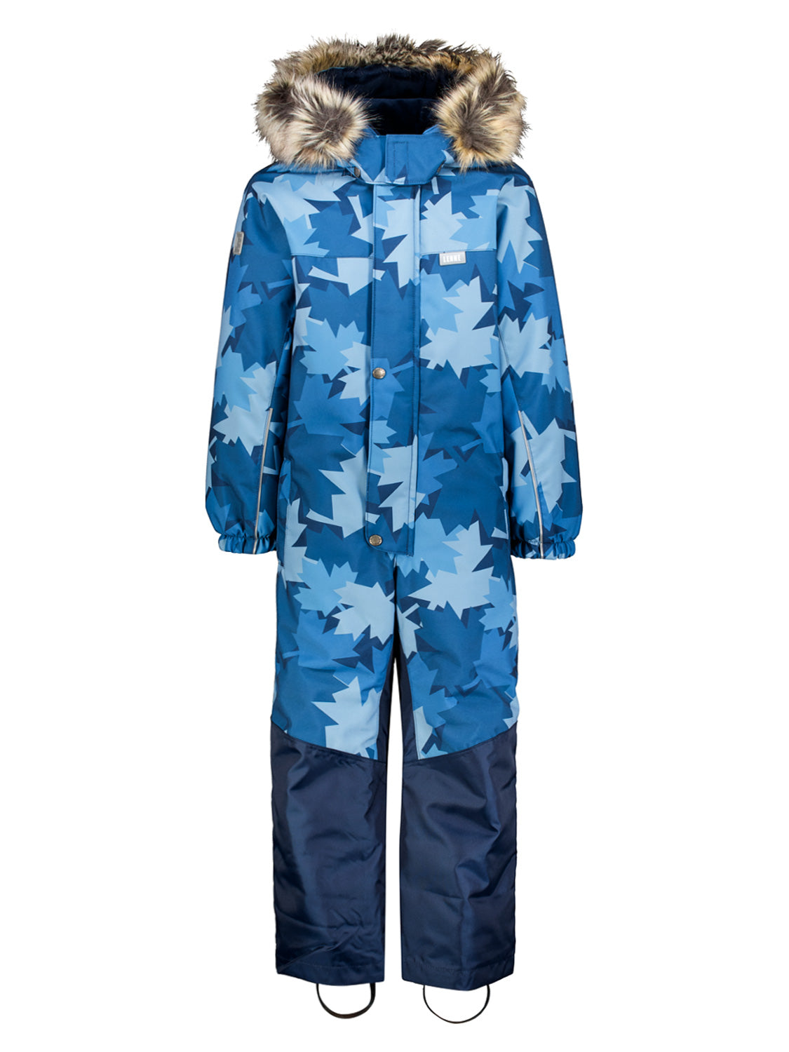 Overall Dex Blau: Kinder-Winteranzug mit Kapuze und Kunstfell, blattförmigem Muster, elastischen Bündchen und verstärkten Einsätzen. Perfekt für kalte Tage und Outdoor-Abenteuer.