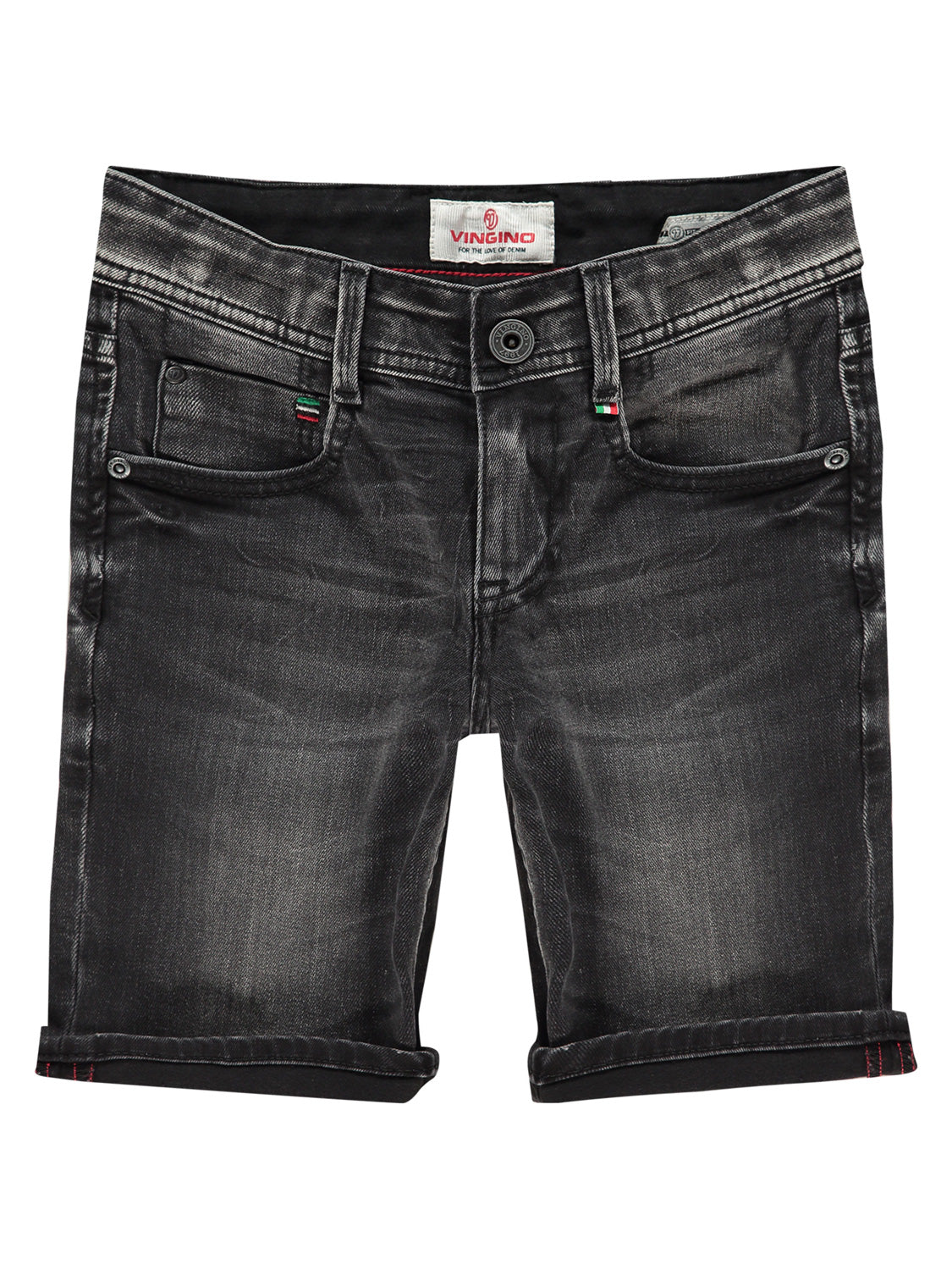 Jeans-Shorts CHARLIE in Black Vintage mit umgeschlagenem Saum, fünf Taschen, Knopfverschluss und VINGINO-Label im Bund. Perfekt für stilvolle Kinder- und Teenagermode.