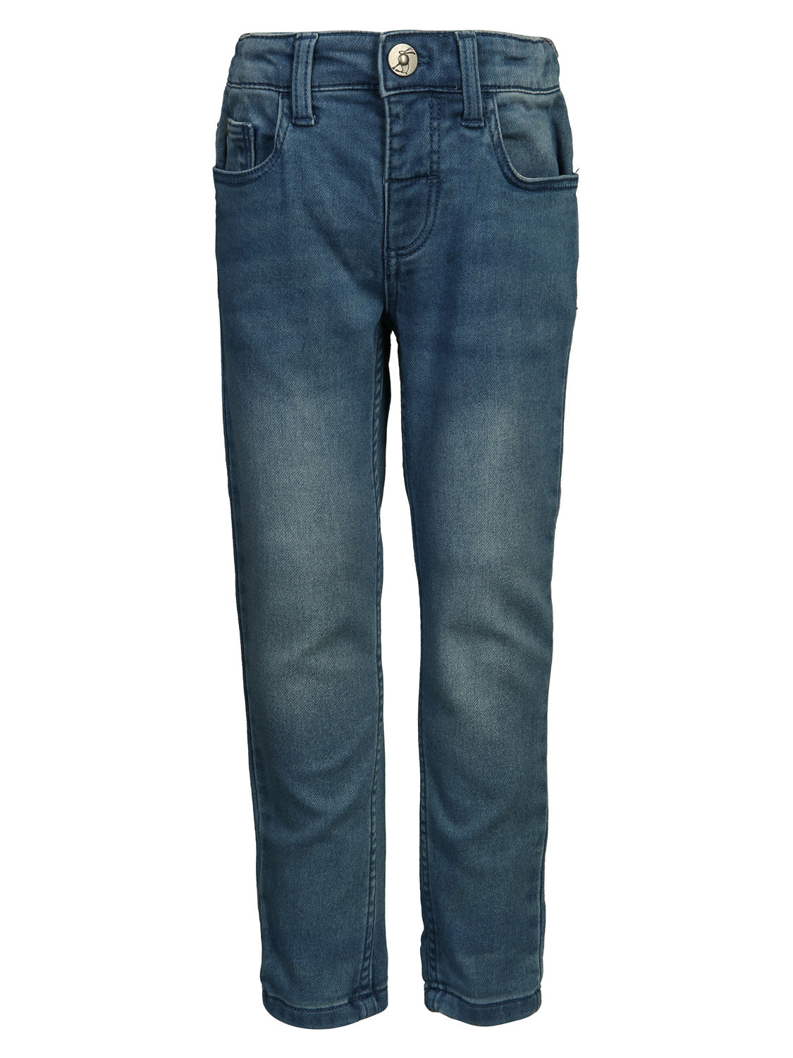 Jeans Marineblau: Kinder-Denimjeans im Straight-Leg-Stil mit mittlerer Waschung, Fronttaschen, Münztasche, Gürtelschlaufen und Knopfverschluss, ideal für einen lässigen Look.