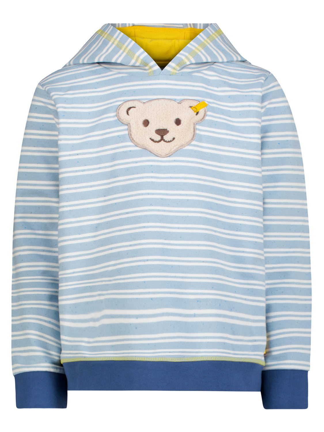 Kinderpullover Hoodie Hellblau mit feinen weißen Streifen, gelbem Kapuzenfutter, blauen Bündchen und einem kleinen lächelnden Teddybären-Patch auf der Brust.